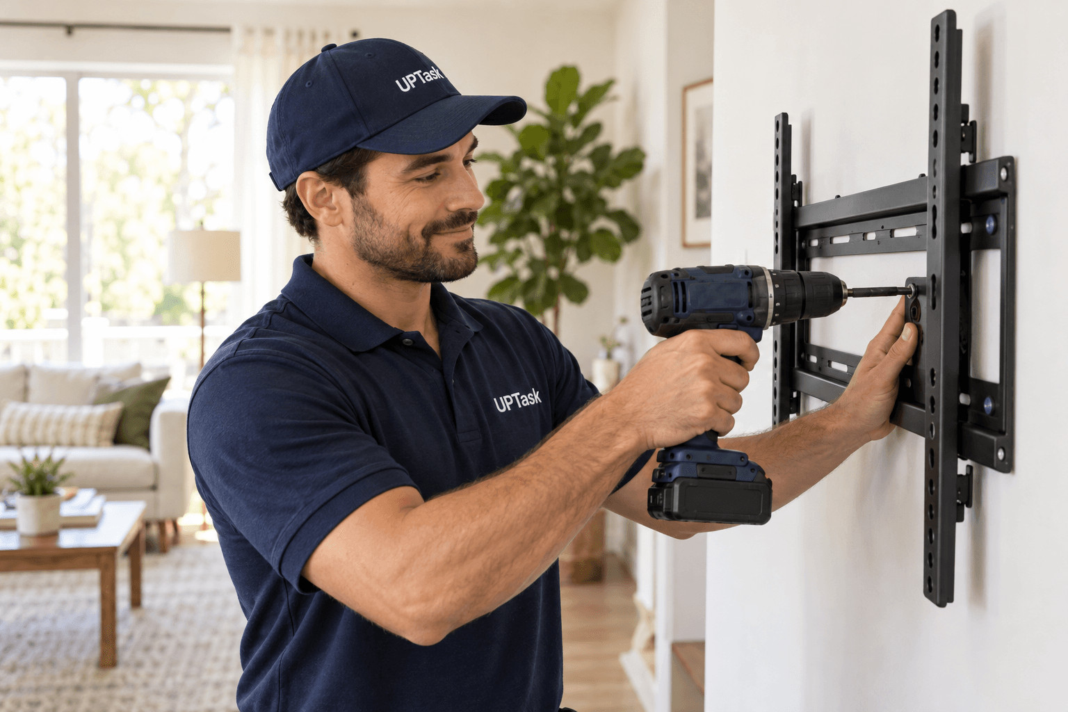 A UPTask professional installing a TV wall mount in a bright living room