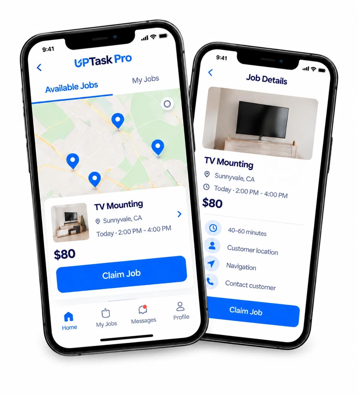 UPTask Pro app: nearby jobs on a map and a job details screen