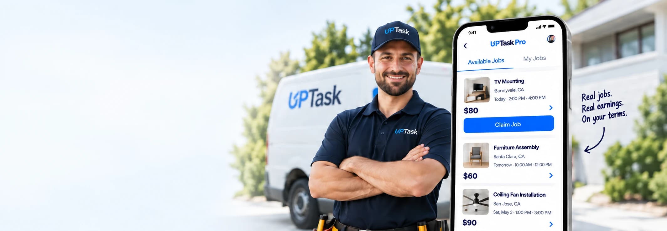 A UPTask professional beside his van and the UPTask Pro app showing available jobs